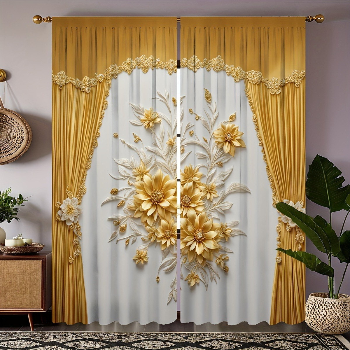 

2-pack Elegant Floral Print Pole Top Curtains - No Power Required, Contemporary Style, Machine Washable, Polyester Knit Fabric, Decor For Rooms, Accessories Not Included