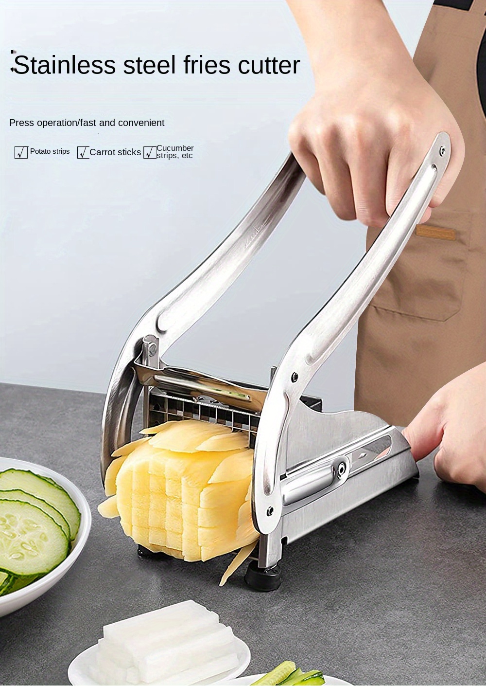 manual french fry cutter stainless steel potato chip slicer vegetable dicer with comfort handle non electric kitchen press for cucumber carrot sticks details 0