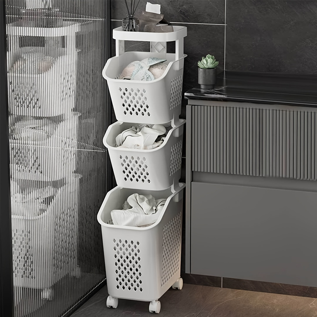 

1 Piece Of A Multi-layered, Reinforced Laundry Basket - A Chic Plastic Hamper And Storage Shelf, Ideal For Saving Space In Your Bathroom And Home, Keeping Soiled Clothes Organized And .