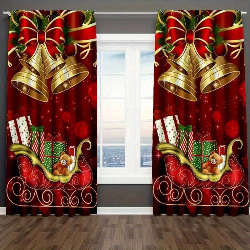 

2pcs, Christmas Curtain Set - , With Lights, Snowflakes, Trees, And Santa Claus Patterns, Suitable For Living Room And Bedroom Decoration - Easy To Care For, Polyester Fiber