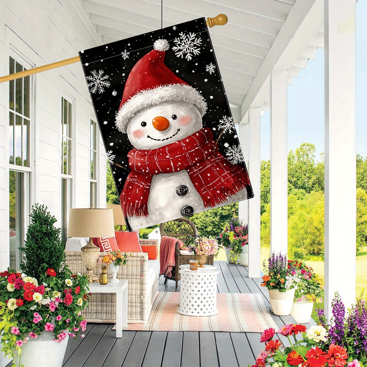 

1pc Polyester Snowman Garden Flag - 28x40 Inch Double-sided Outdoor Seasonal Yard Flag For Lawn And Patio Decoration, Winter Snowman With Scarf, No Electricity Needed