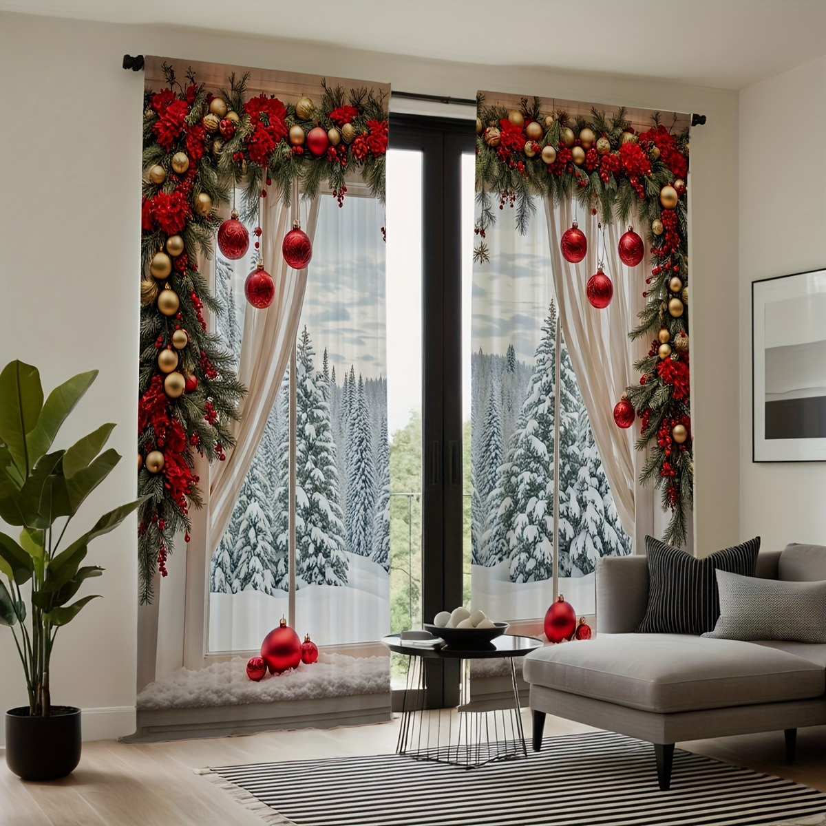 

2pcs Set Red Christmas Curtains With Ribbon & - , Machine Washable Polyester Drapes For Living Room, Bedroom, And Study Decor