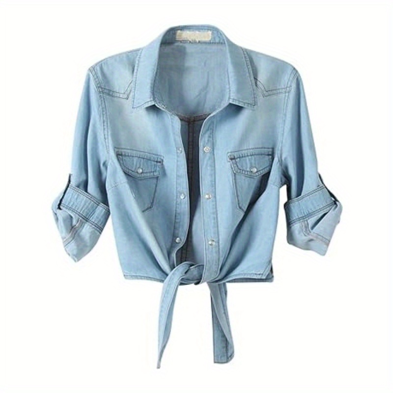 

Women's 3/ 4 Sleeve Denim Crop Top, Tie Knot Shirt, Cardigan, Denim Shirt Jacket