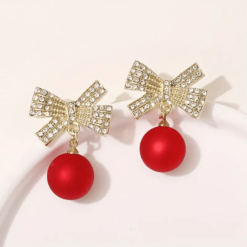 

Sparkling Red Ball & Bow Christmas Earrings - Luxurious Alloy With Accents, Gift For Women And Girls