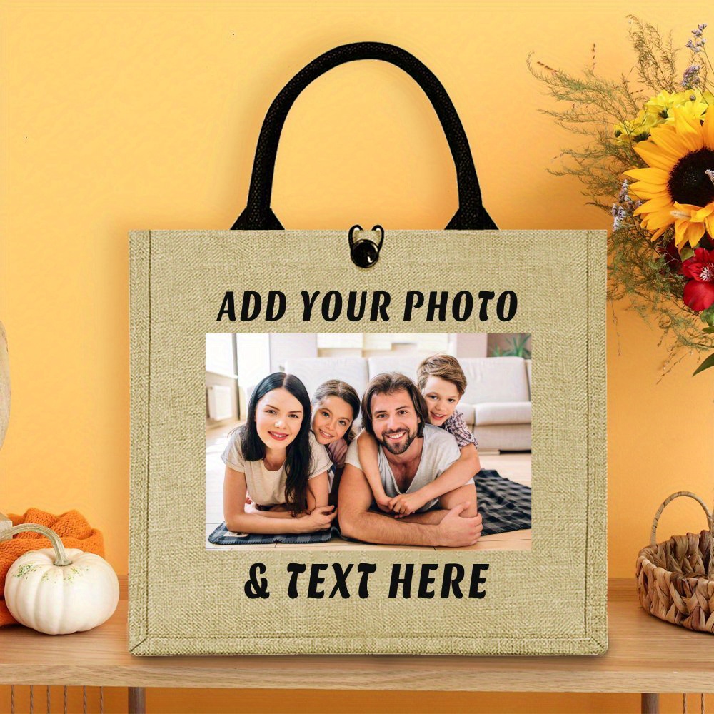 

Sac en jute personnalisable avec photo et - Sac à main en tissu réutilisable avec fermeture à boucle, de cadeau unique