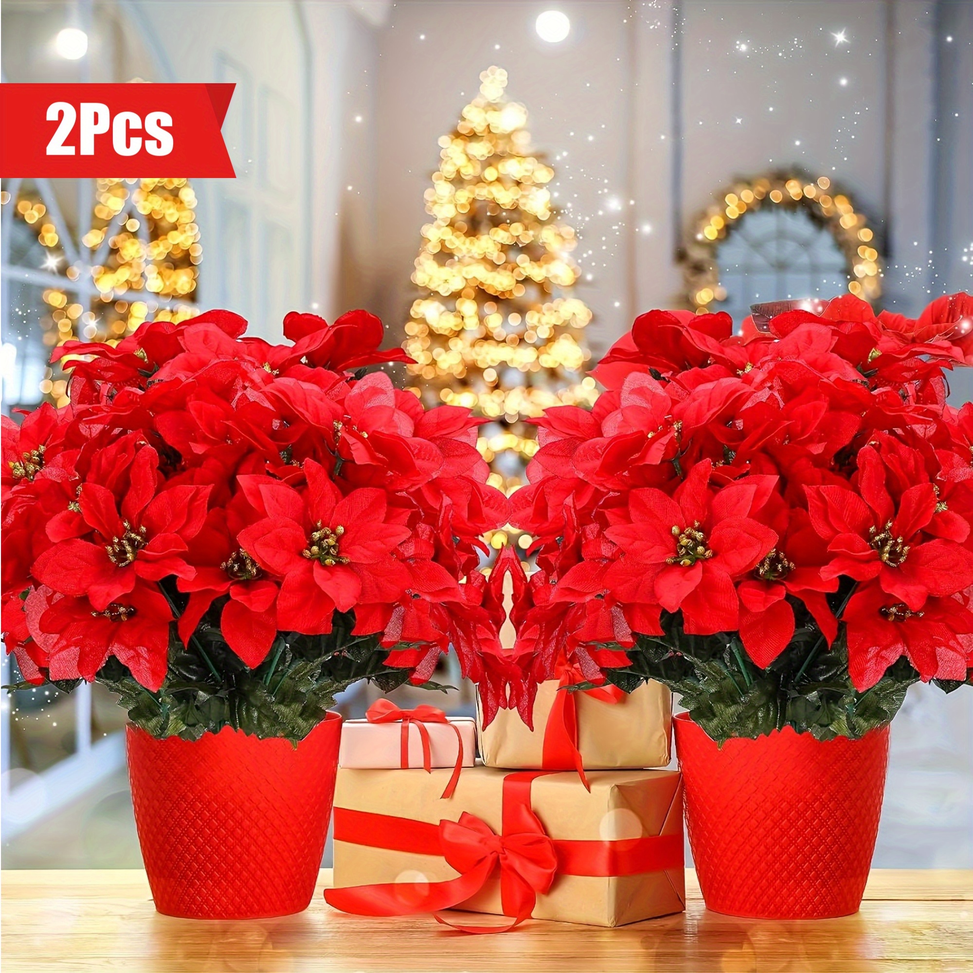 

2-pack Artificial Poinsettia Plants For Christmas Decoration, 7-branch Red Fake Poinsettias Without Electricity, Non-rechargeable, Plastic Poinsettia Centerpiece For Holiday Wedding Home Decor