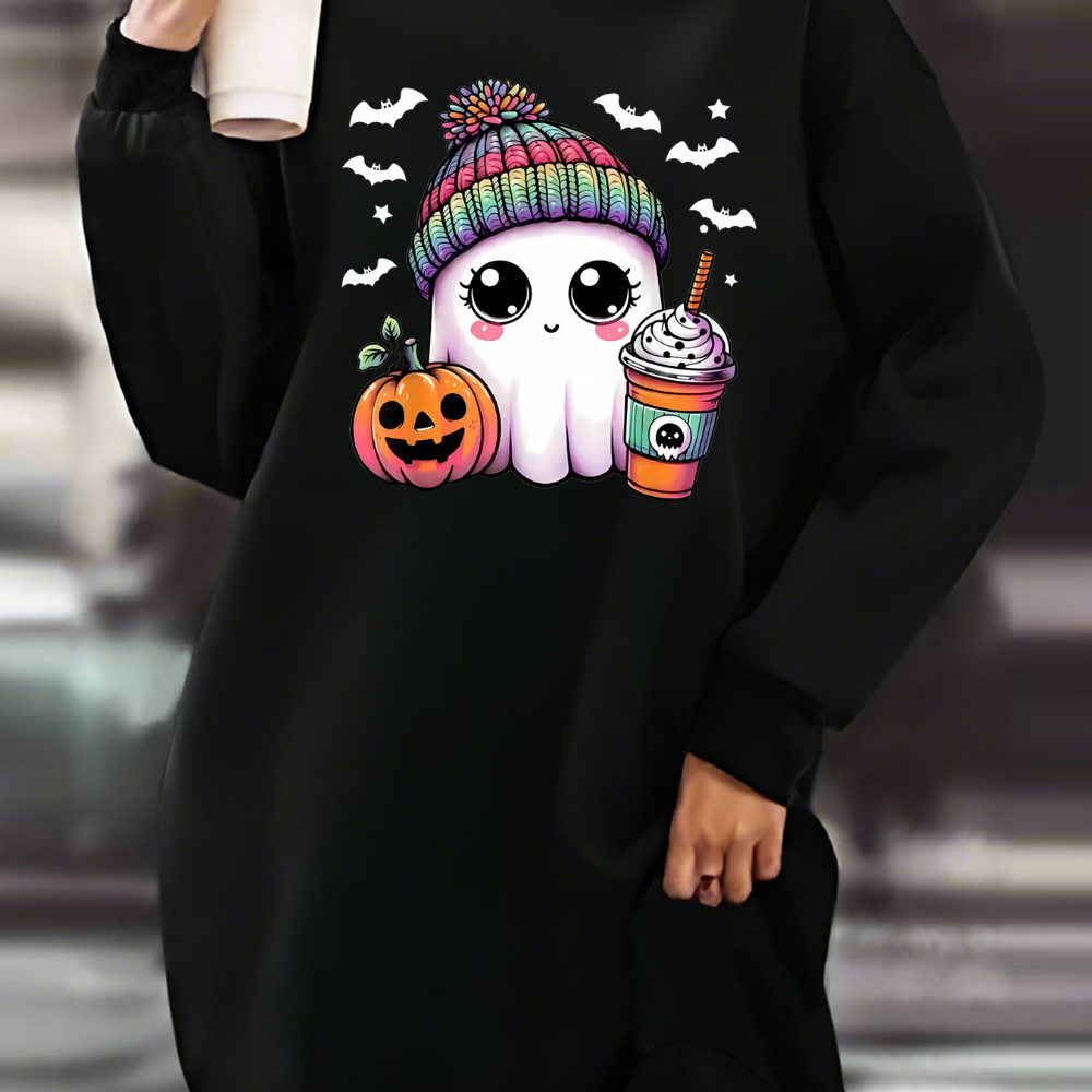 

Printed Fleece-lined Sweatshirt Dress For Women - Crew Neck, Long Sleeve, Casual Knit Polyester Fabric, Fall/winter Collection