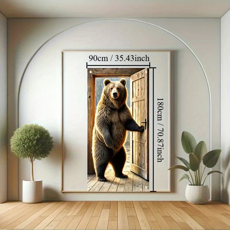 Image of 2d Door Banner, 1pc 2d Door Banner Polyester Brown Bear Door Banner Seasonal Outdoor Decoration No Power Required Fits Standard Door Garden Flag For Lawn And Banner 35.4 X 70.8inch