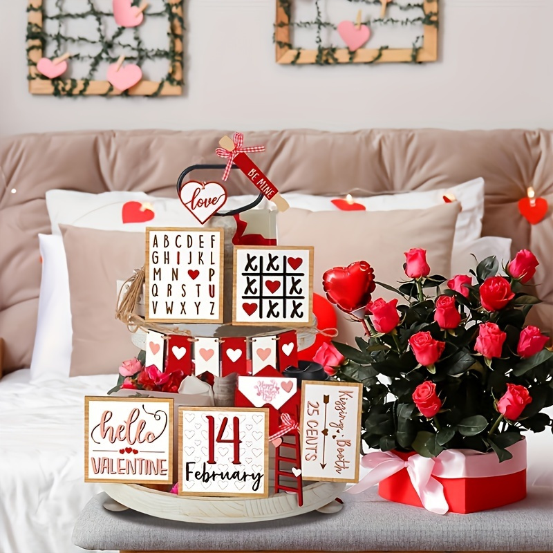 

15pcs, Wooden Valentine's Day Tiered Tray Decor Set - Holiday Signs & Hearts, Festive Home Table Decor For Christmas & Celebrations