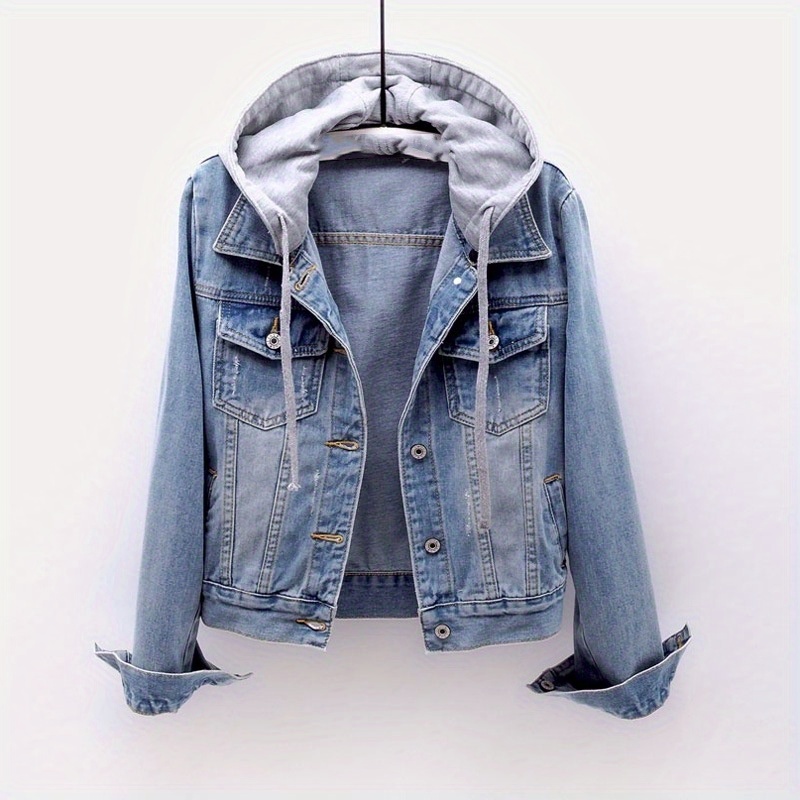 

2024 Spring And Autumn Long-sleeved Slim Hooded Short Jacket, Denim Jacket All- Top, Slim Fit, Clothing Size Little