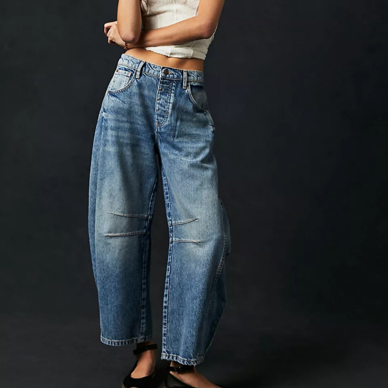 

Mid Rise Barrel Jeans For Women Wide Leg Cropped Denim Pants Y2k Baggy Boyfriend Jeans With Pockets