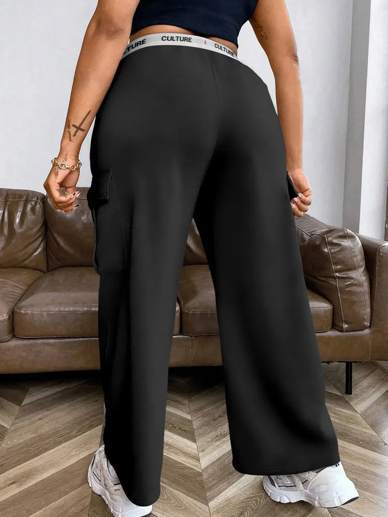 pantalon cargo décontracté en polyester tricoté pour femmes avec imprimé alphabet et poches - pantalon de travail décontracté toutes Détails du produit 5