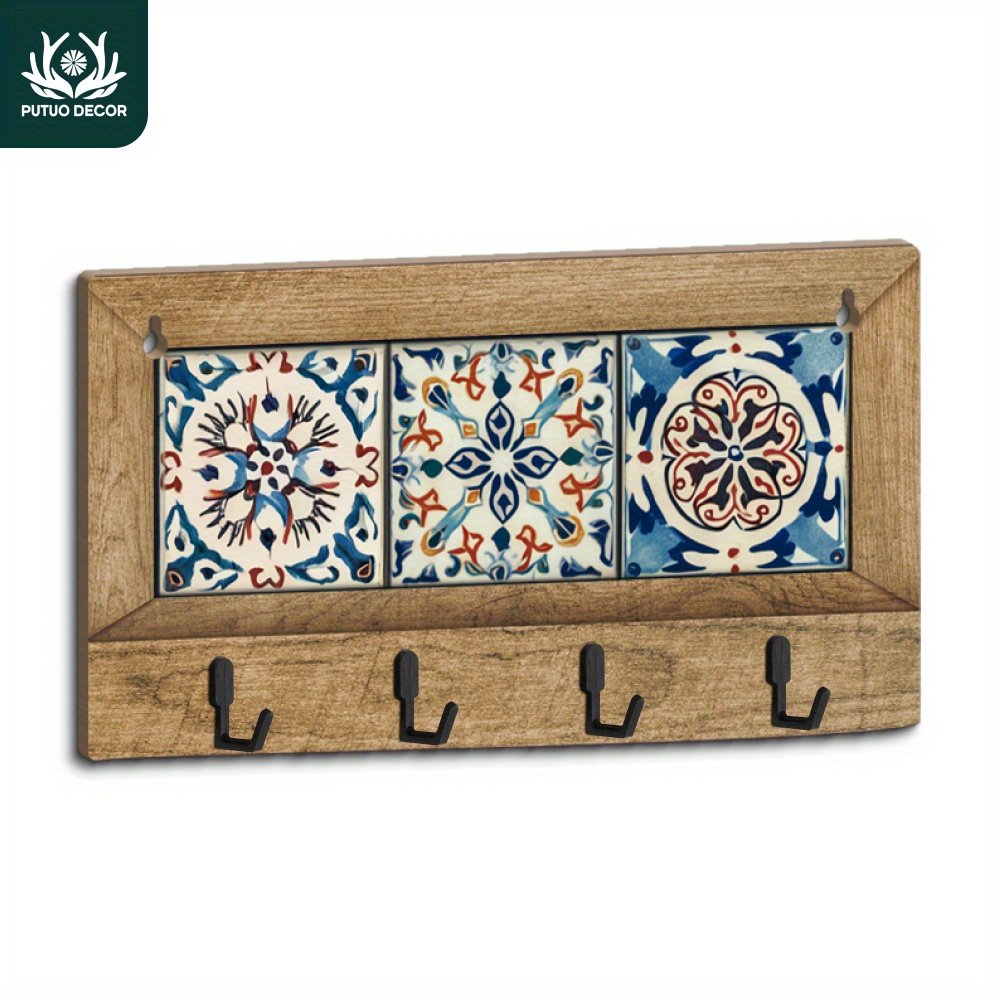 

Decor Wooden Key Holder With Traditional Art Pattern - Manufactured Wood Wall Hanging Sign With Hooks For Home, Farmhouse, Living Room, , Foyer, Hallway - Gift Idea, No Text, 1pc