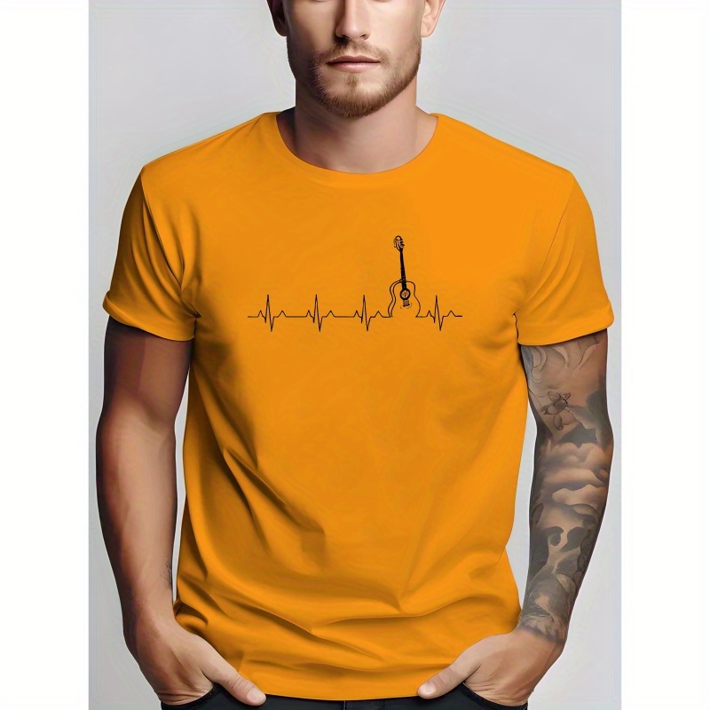 

Men's Summer Short-sleeved T-shirt With Guitar Heartbeat Pattern, Casual Polyester Knit Fabric, Round Neck, Regular Fit, Unisex Adult Fashion Top