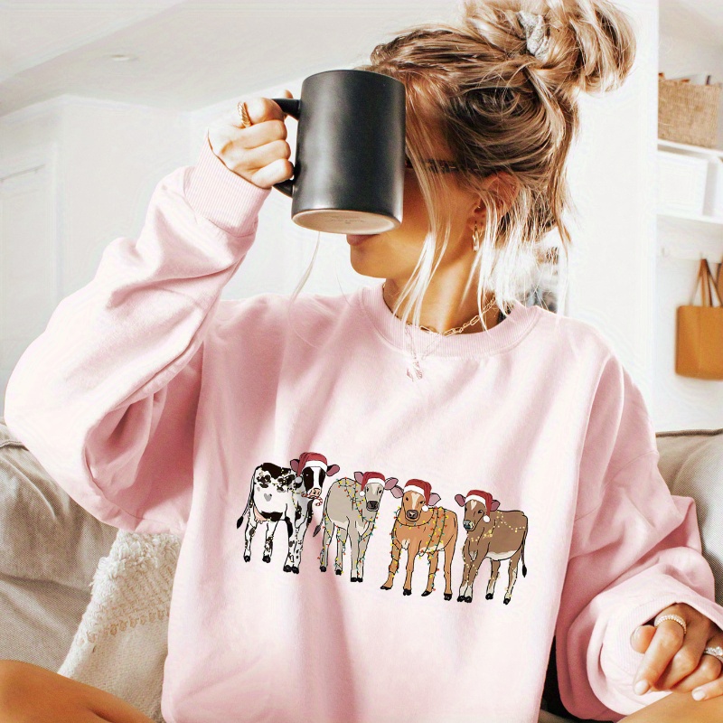 

Christmas Hat Cow Print Sweatshirt, Crew Neck Casual Sweatshirt For Winter & Fall, Women's Clothing, Best For Christmas