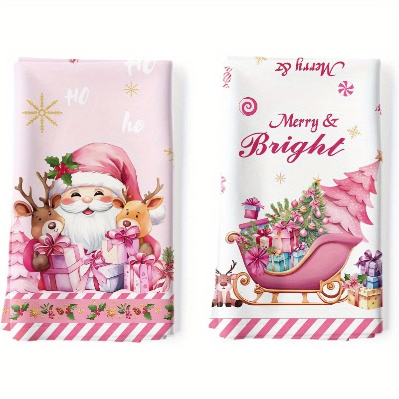 

2-pack Modern Woven Polyester Kitchen Towels - 18x26" Super Soft, Machine Washable Christmas Dish Cloths With Pink Santa & Sleigh Motif For Dining & Home Decoration