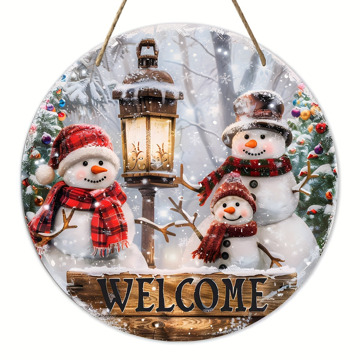 

Christmas Welcome Sign Round Wooden Pendant - 1pc, Snowman & Lantern Design, 8x8 Inch Door Wreath Accessory - No Electricity Needed, Wall Decor For Home, Front Door, Holiday & Winter Decorations