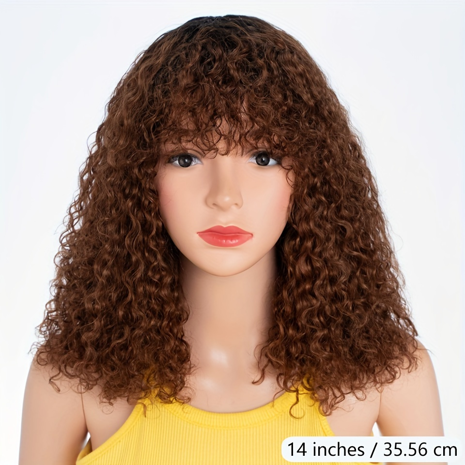 TEMU 150% Density Brazilian Ombre Brown Bob Wig With Bangs - Deep Wavy Human Hair Wig For Women, Shoulder-length Style, Natural Look For Casual Attire, Style Icon