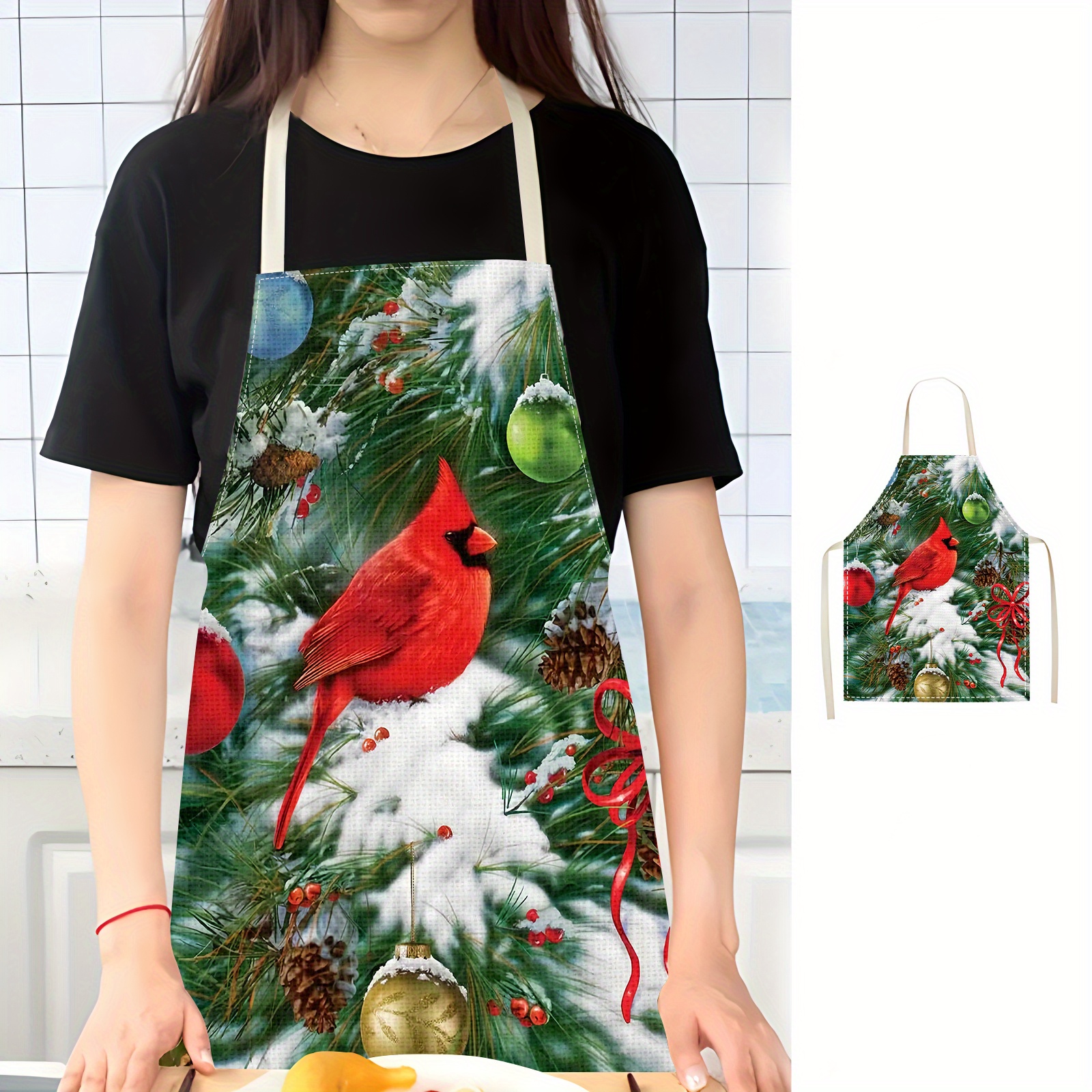 

Christmas Apron - 1pc Bird Print Kitchen Apron, 100% Polyester, Gift, Oil & Stain Resistant, For , Baking, Restaurant, Cafe, Bbq, Crafting, Unisex Adult Apron