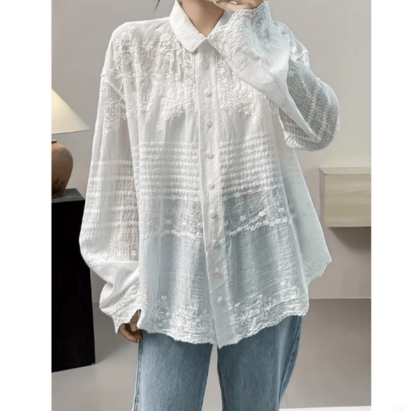 

Fall Womens Floral Embroidery Button Front Shirt Casual Loose Long Sleeved Shirt