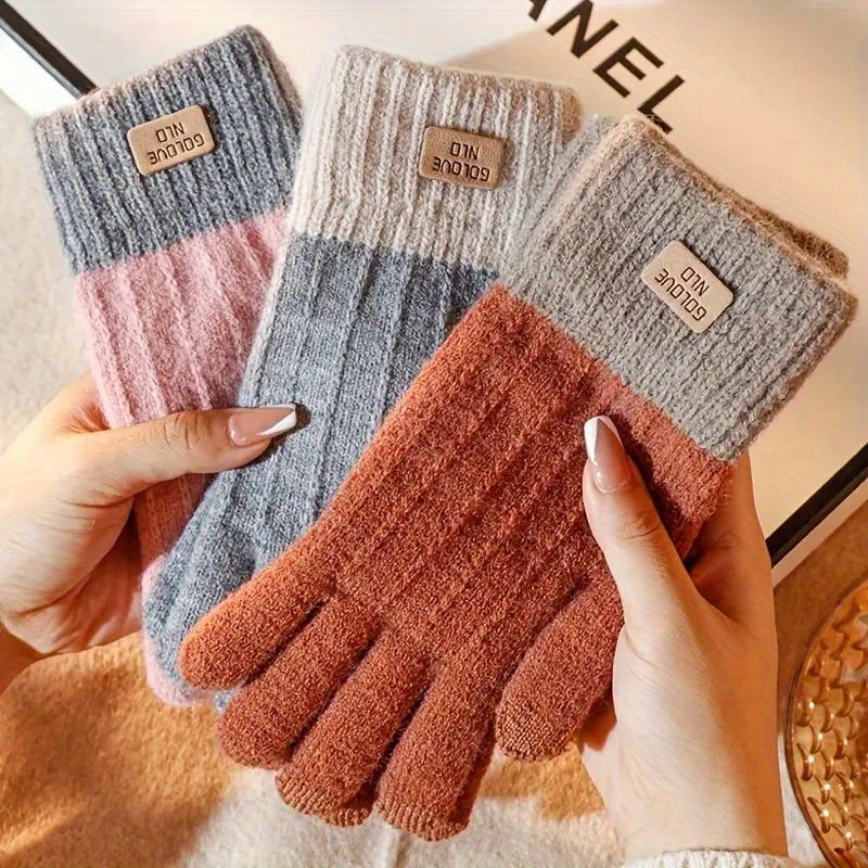 

1 Pair Winter Screen Knit Gloves - Cozy Ribbed Design In Pink, Gray, & Brown, Fits All, Hand Wash Only, Winter Gloves