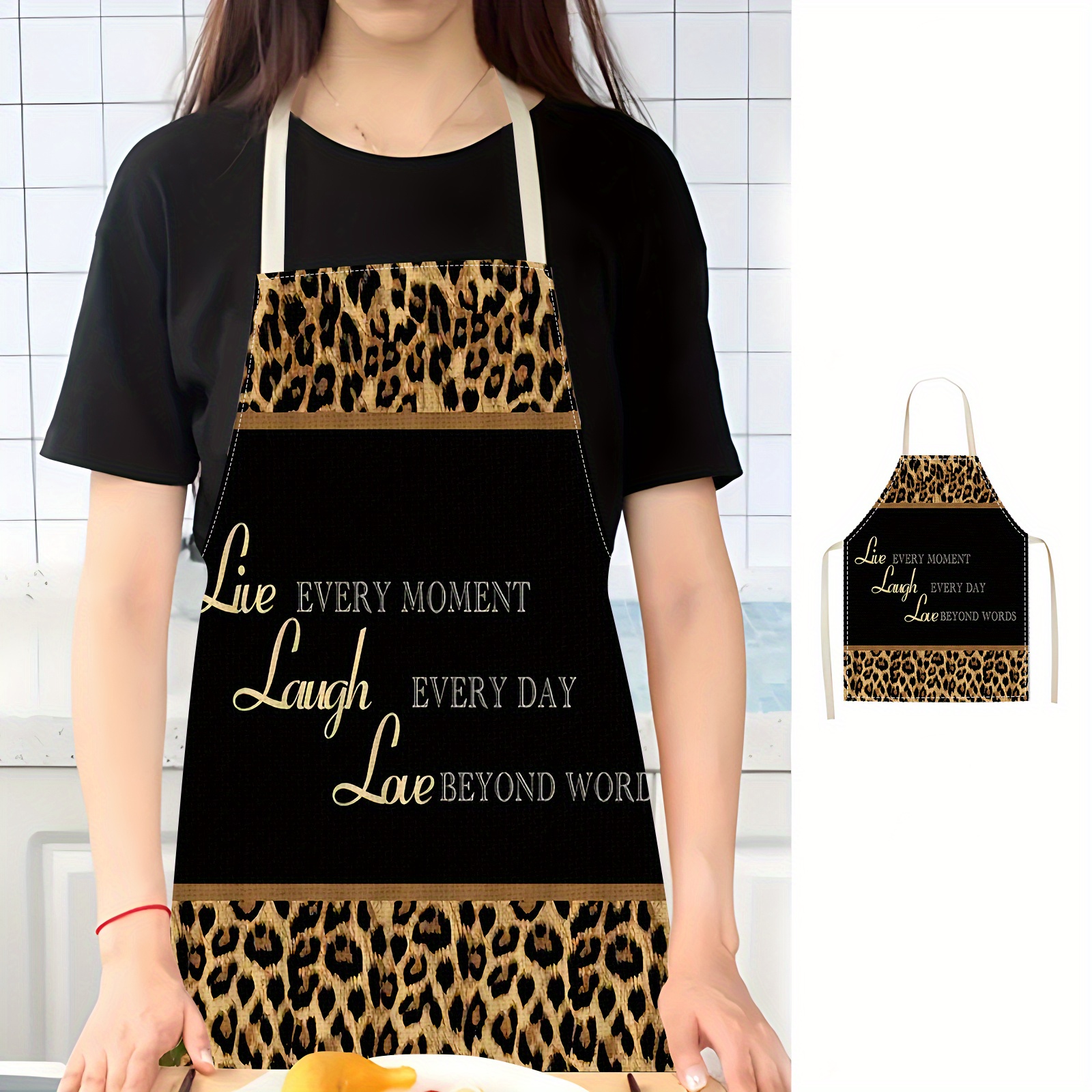 

1-piece Leopard Print Inspirational Quote Apron - Woven Polyester, Oil & Stain Resistant, Adjustable Neck & Waist Ties, For Kitchen, Baking, Cooking, Restaurant, Cafe, Bbq, Arts, Crafts, Unisex For