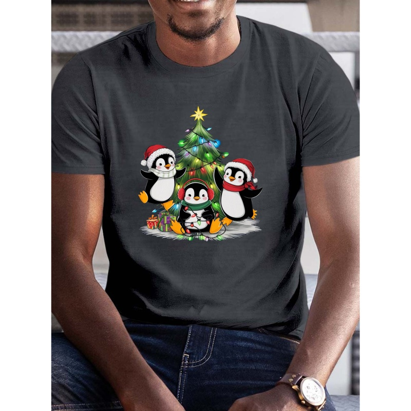 

Men's Plus Size Christmas Penguin Graphic T-shirt - Crew Neck, Polyester, Short Sleeve, Casual Fit, Stretch Knit Fabric For Summer - Cartoon Penguin Tee For Adults