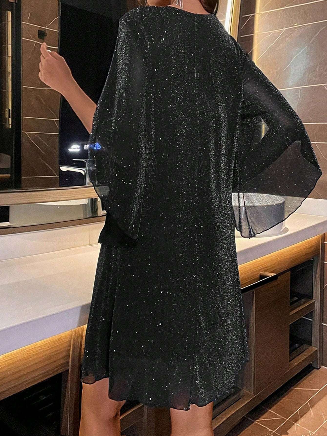 1pc Elegant V-Neck Glittery Peplum Dress with Irregular Sleeves, Polyester 95% Elastane 5%, Fabric, All-Season Solid Color, Loose Fit for Adults
