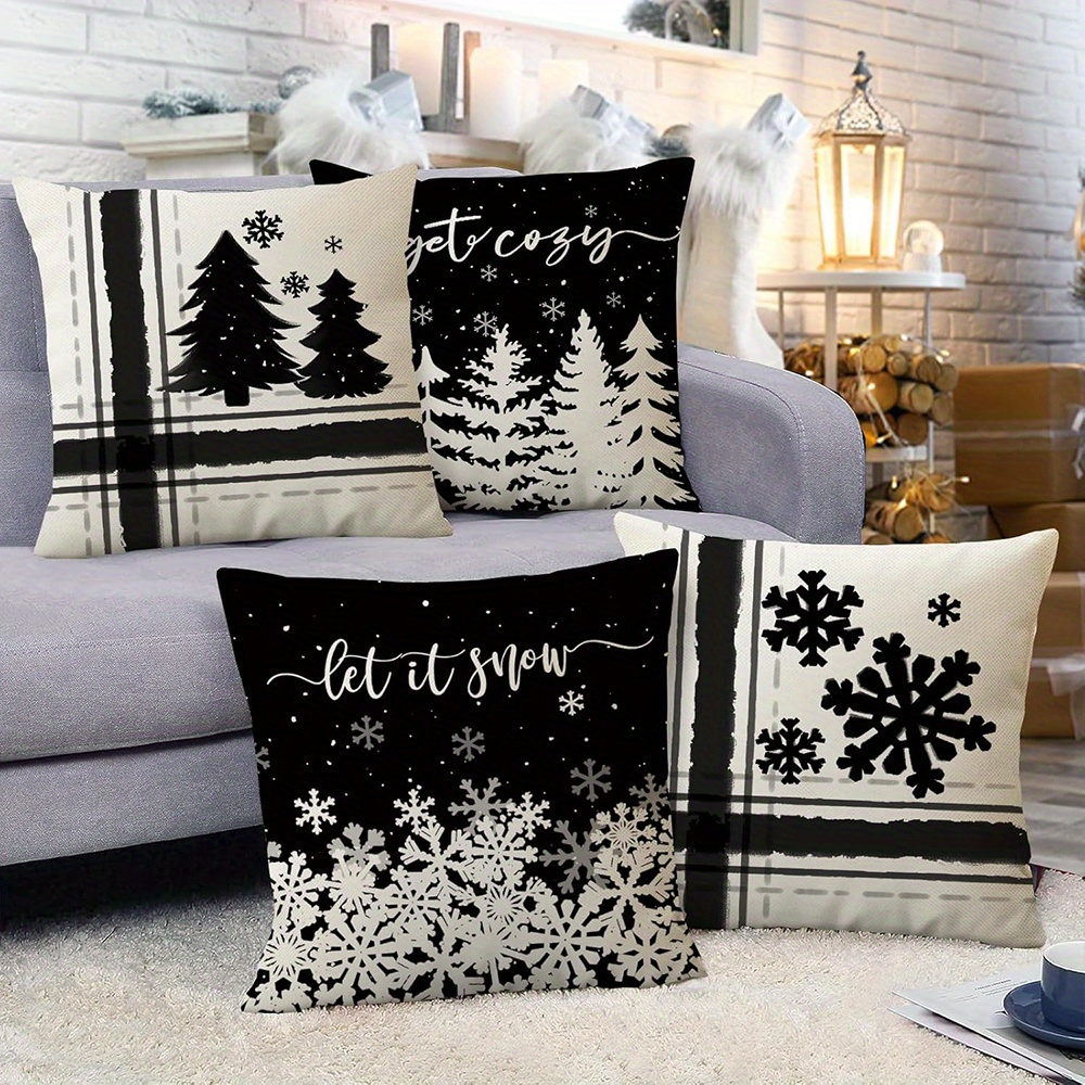 

4-pack Linen Throw Pillow Covers, 18x18 Inches, Winter Christmas Tree & Single-sided Pattern, White, Vintage Style, Zippered Cushion Cases For Sofa, Living Room, Bedroom Decor, Machine Washable