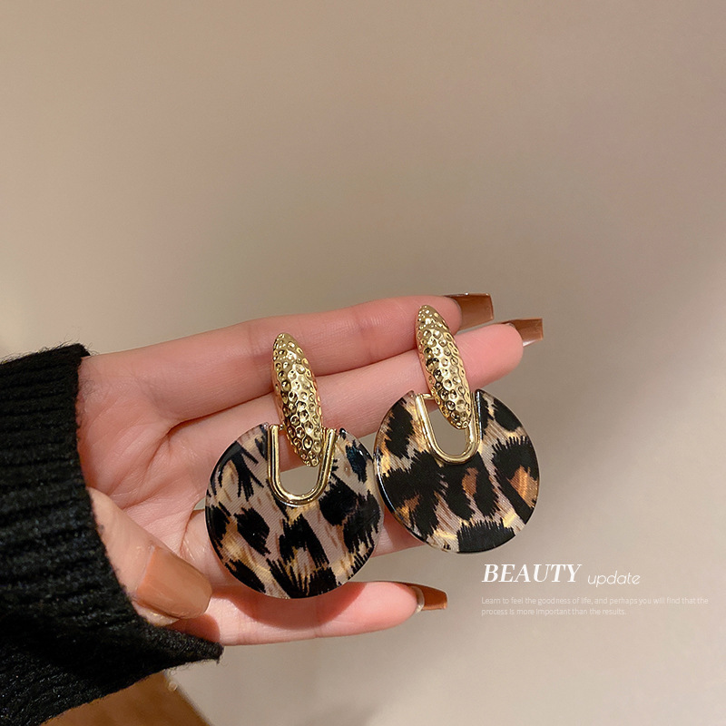 

2pc Acrylic Leopard Print Earrings With European And American Design , Personalized Geometric Earrings, Exaggerated Temperament Earrings