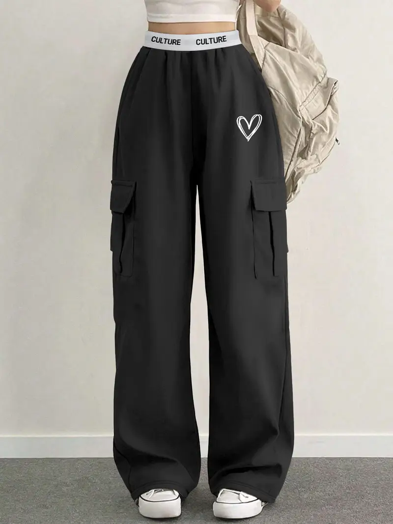 pantalon cargo décontracté en polyester tricoté pour femmes avec imprimé alphabet et poches - pantalon de travail décontracté toutes Détails du produit 3