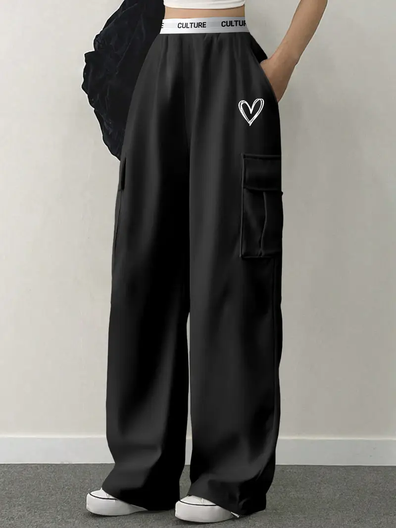 pantalon cargo décontracté en polyester tricoté pour femmes avec imprimé alphabet et poches - pantalon de travail décontracté toutes Détails du produit 4