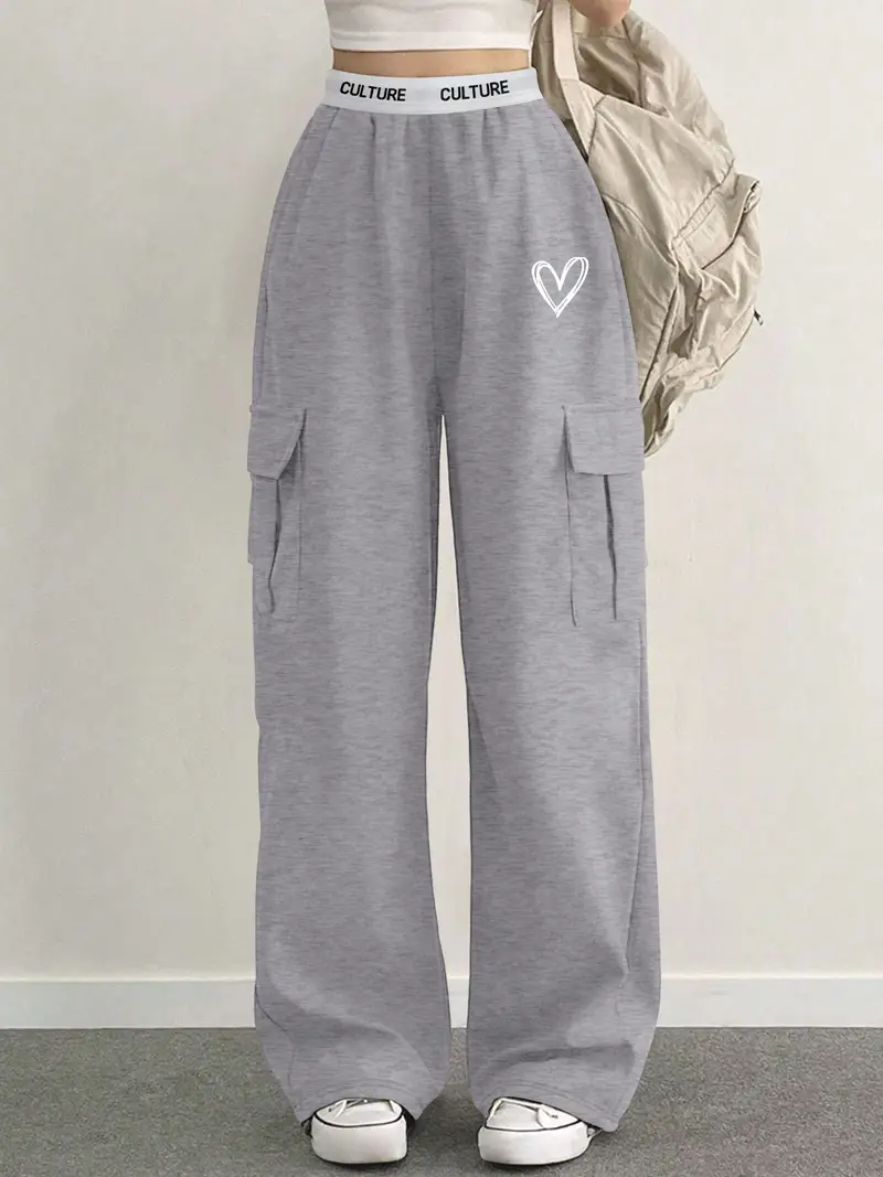 pantalon cargo décontracté en polyester tricoté pour femmes avec imprimé alphabet et poches - pantalon de travail décontracté toutes Détails du produit 1