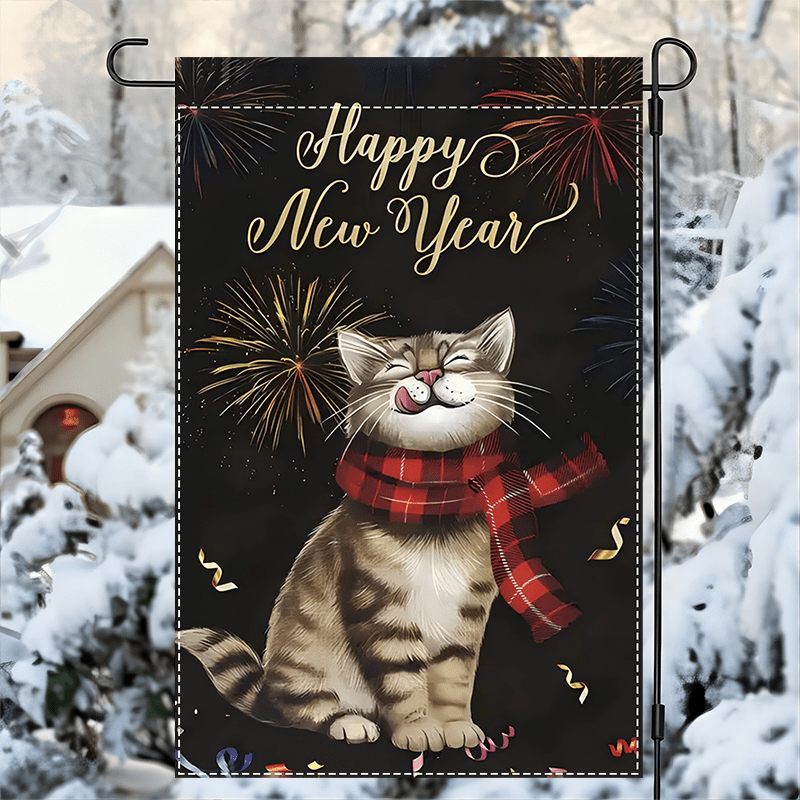 

1pc Happy New Year Cat Garden Flag, 12x18inch Double-sided Polyester Banner, Outdoor Celebration Fireworks, No Flagpole, Waterproof Burlap, Yard Decor