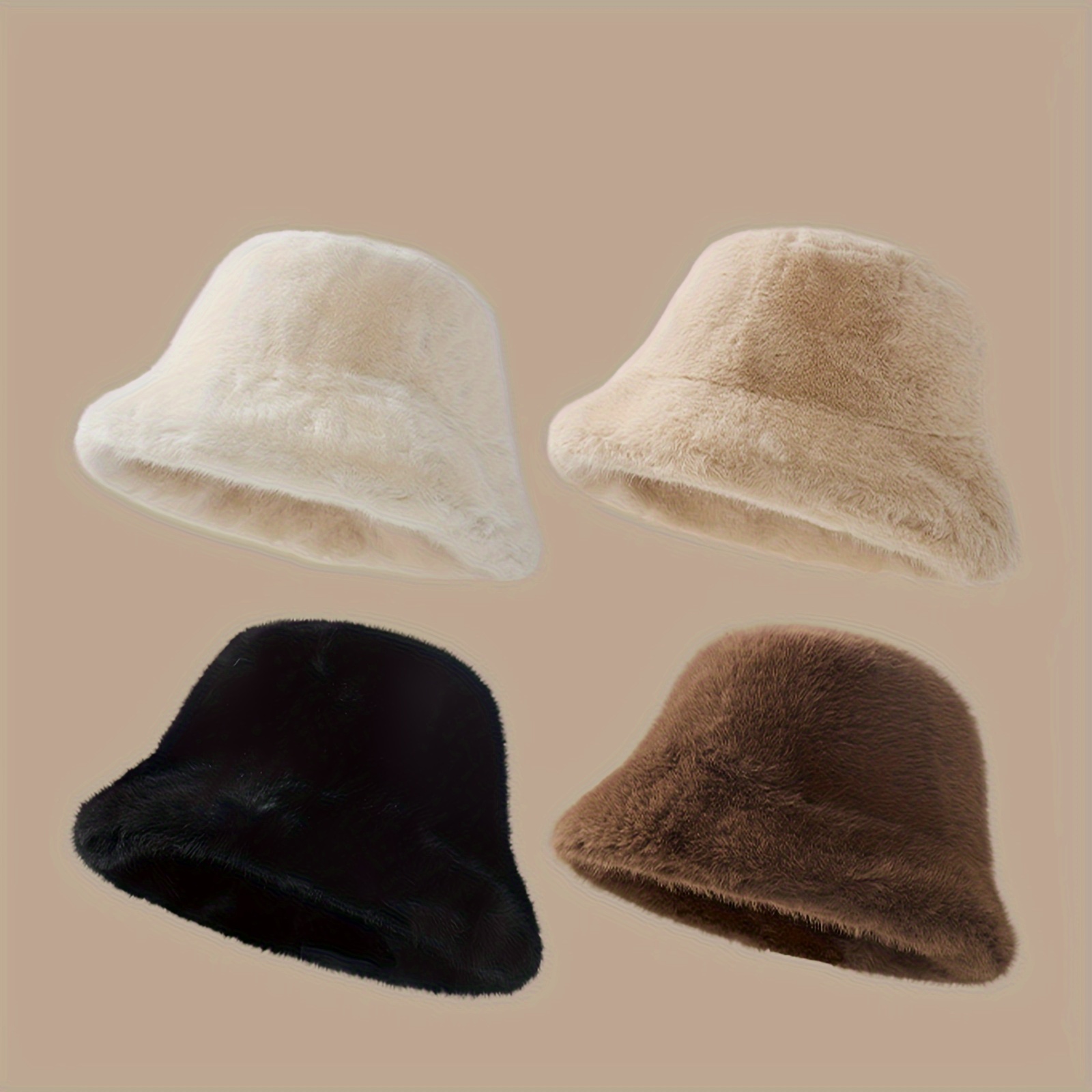 

Cozy Fur Bucket Hat For Women - Soft Plush, Solid Color Winter Warm Cap With Ear Covers, Non-stretch Polyester