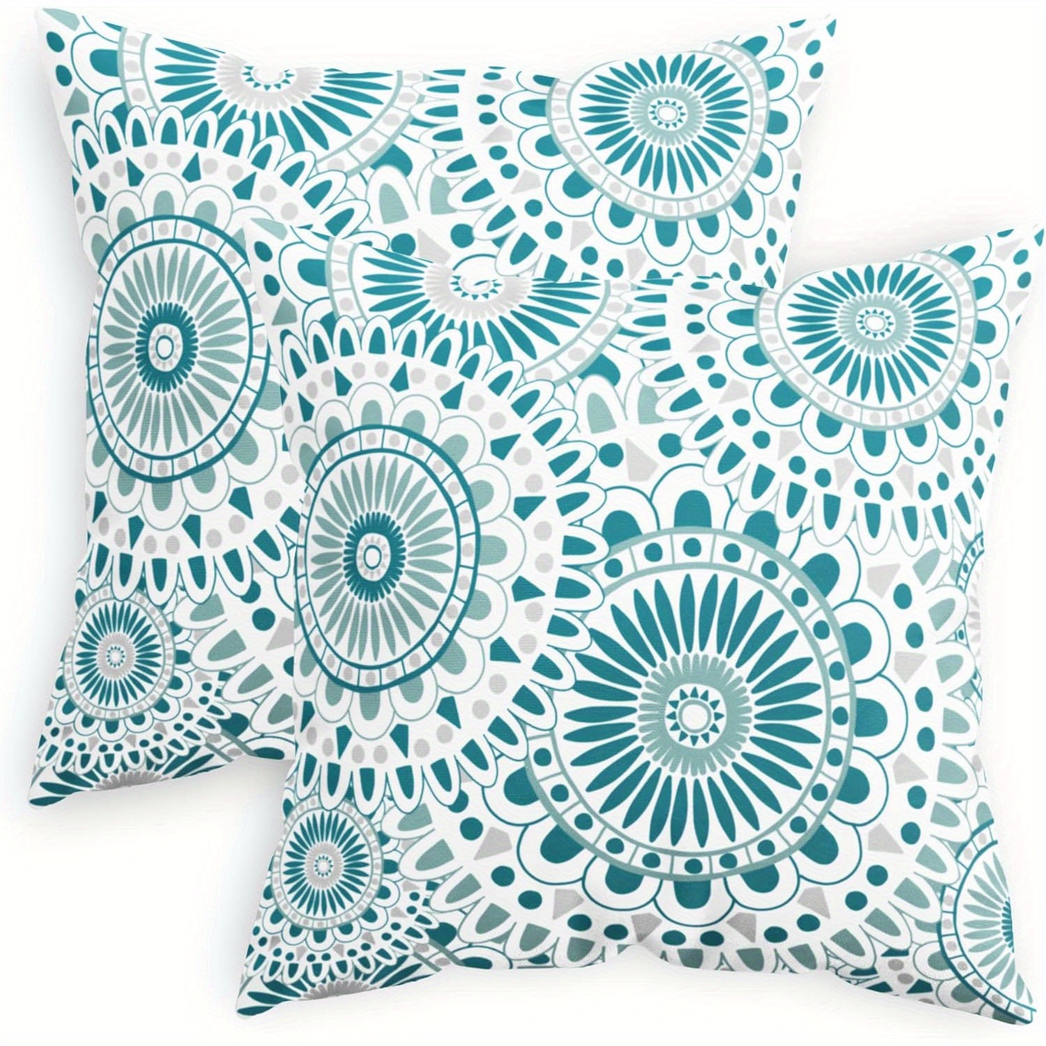 

2pcs Mandala & Compass Throw Pillow Covers, 18x18 Inch - Soft Polyester, Zip Closure, Machine Washable For Sofa, Bed, Farmhouse Decor - Teal & Grey, Flower,