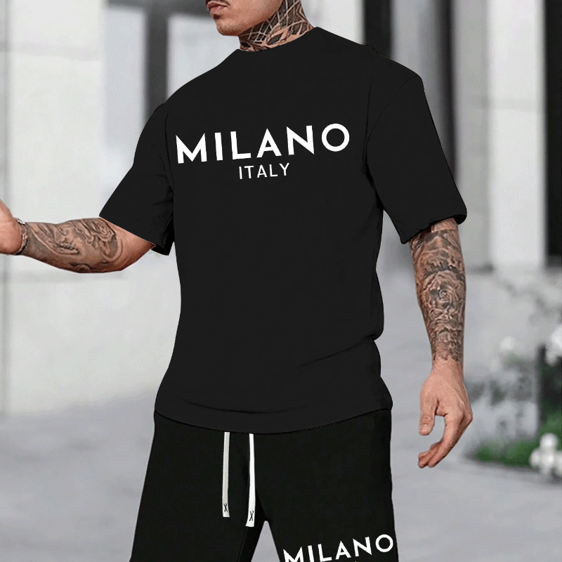 

Italy Letter Printed Men'-piece Set, Casual Round Neck Short Sleeved T-shirt And Drawstring Shorts With Pockets, Cool And Comfortable Summer Clothing