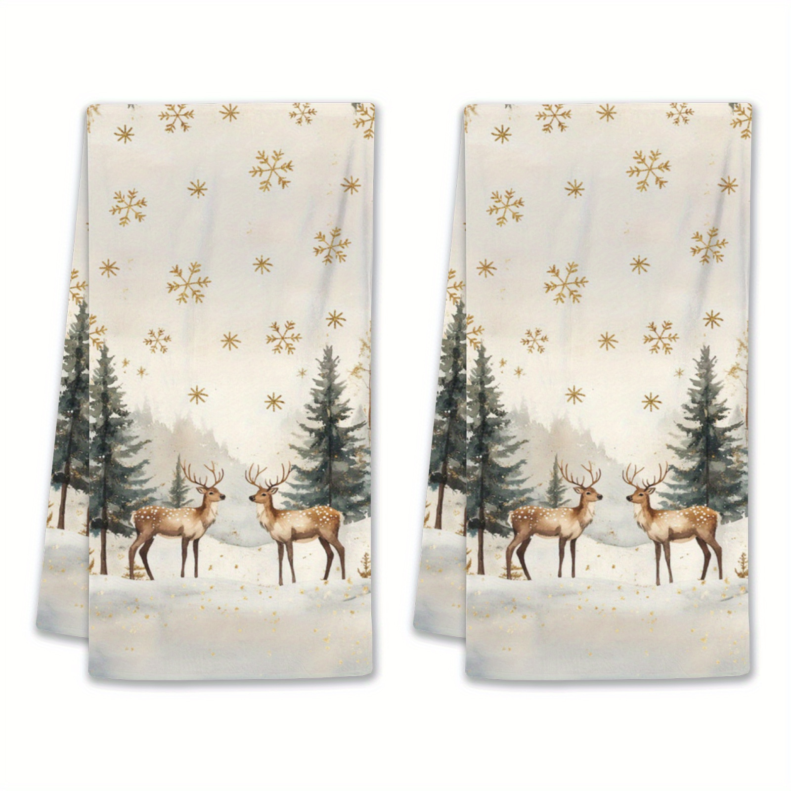 

2-pack Modern Polyester Kitchen Towels With Cartoon Deer And Design, Super Soft Oblong Hand Wash Only Dish Cloths For Baking And Cooking, Christmas Theme Tea Towels