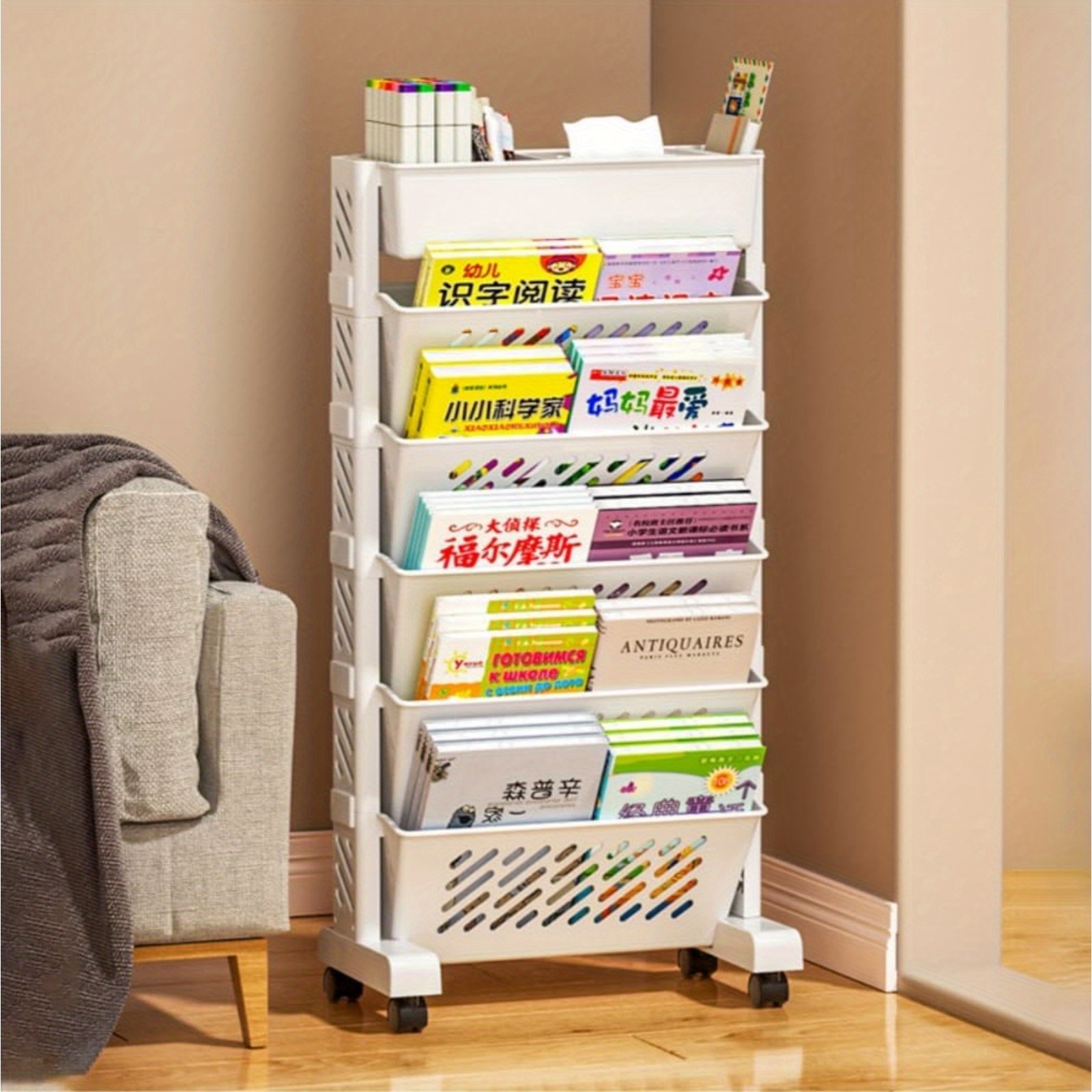 

Cart, Movable Bookshelf With Wheels, Utility File Folder Magazine Book Storage Organizer With Pen And Holder, Mobile Bookshelf Cart For Study, Office, Classroom (6 Layer)