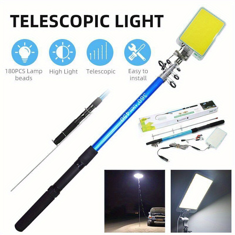 TEMU 500w Portable Led Retractable Light, 12v Outdoor Camping Cob Retractable Light, Rechargeable Fishing Light
