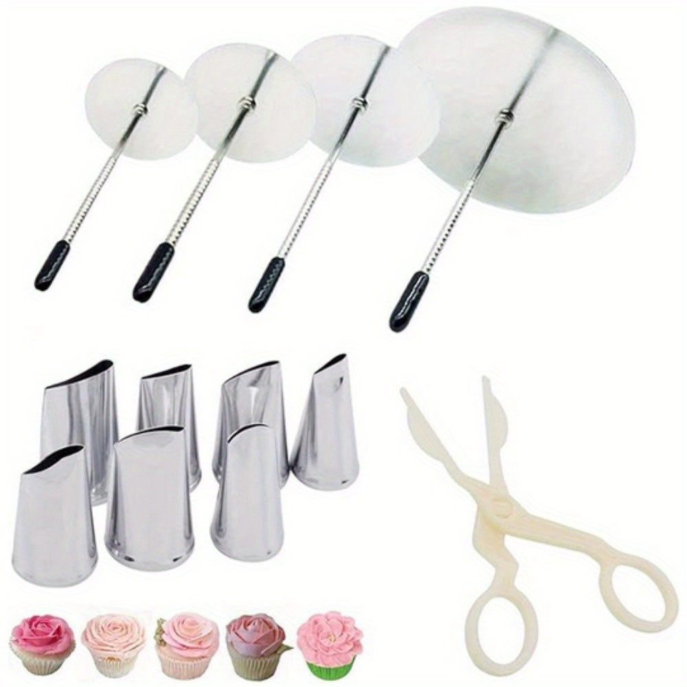 

12-piece Cake Decorating Kit Including 7pcs Stainless Steel Icing Piping Nozzle Tips, 4pcs Nail Flower Lifters For Cake Fondant Cupcake Baking Tools