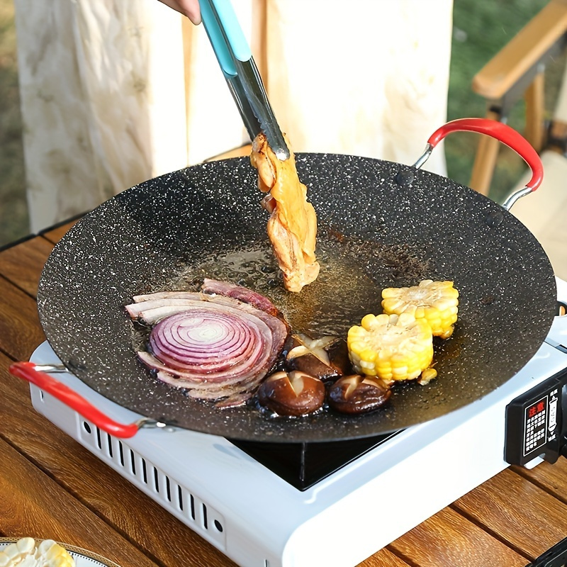   bbq grill pan   free non stick scratch resistant with heat resistant handle for gas ceramic stoves ideal for indoor outdoor cooking round griddle anti   handle details 2