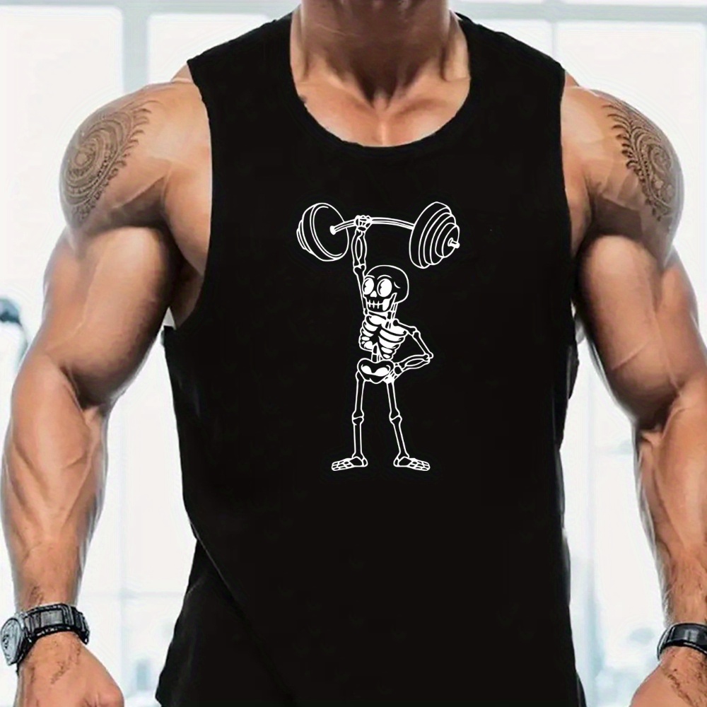 

Men's Summer Fitness Muscle Tank Top - Breathable, Quick-dry, Casual Training Sleeveless Workout Vest With Skeleton Lifting Print, Polyester, Round Neck, Knit Fabric, Regular Fit