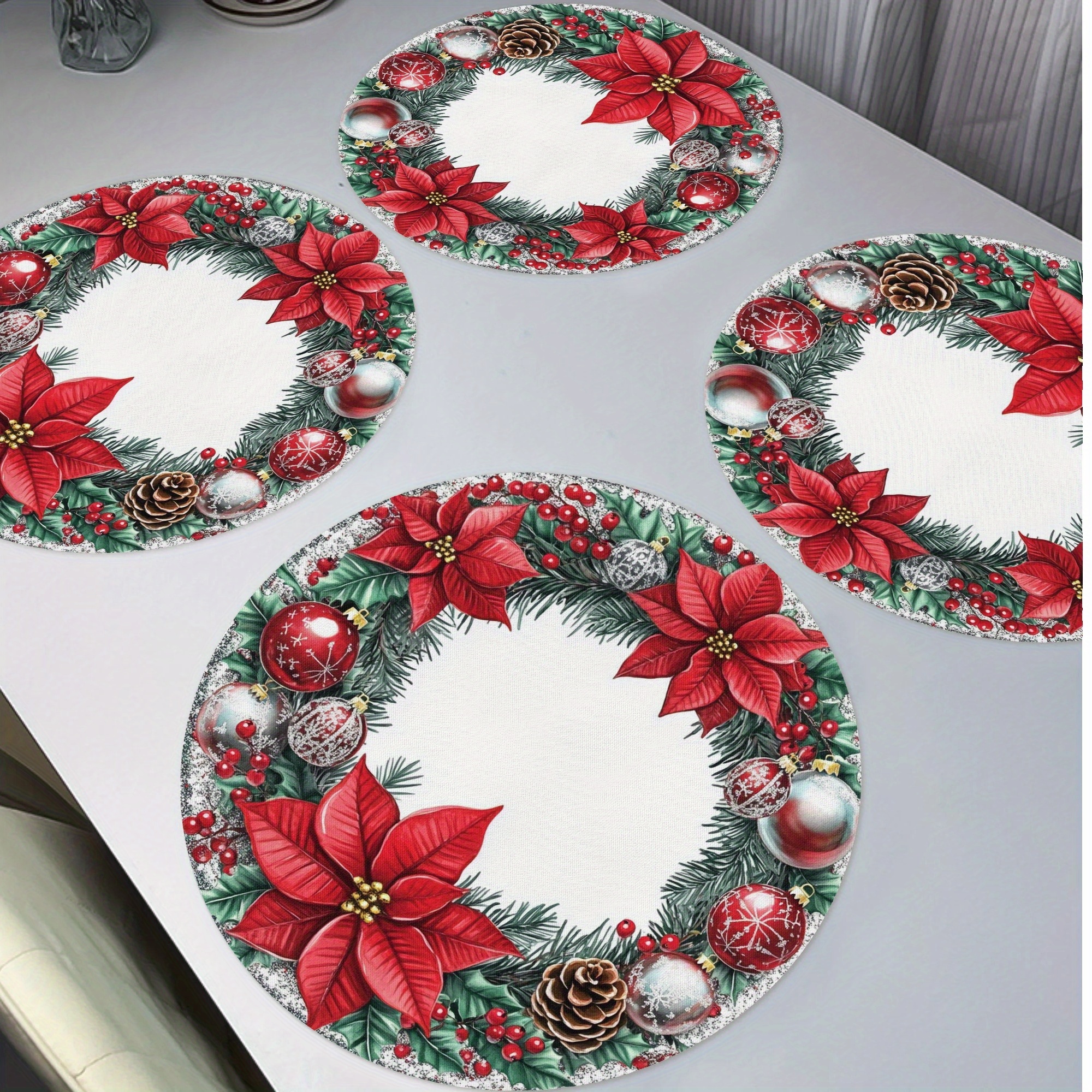 

4pcs Merry Christmas Round Placemats, Poinsettia Berry Christmas Lights Wreath Pattern Winter Seasonal Non-slip Washable Heat Resistant Table Mats Place Mats 15" For Party Kitchen Dining Decoration