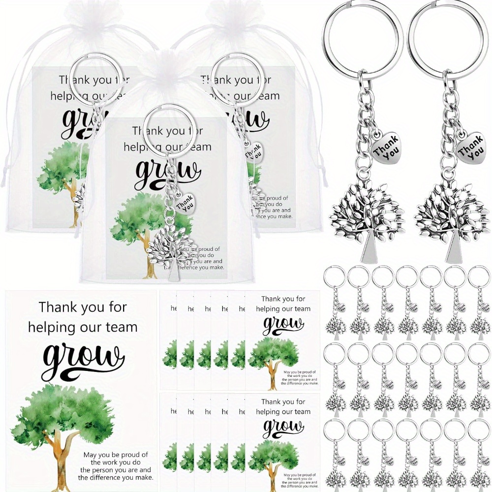 

20-pack Women' Keychains, Tree Of Gratitude, Thank You Cards, Organza Bags, , Alloy Alloy, Round Ring Clasp, Decorative, Plant Themed, Novelty Keychains For Coworkers, Employee Appreciation Gifts