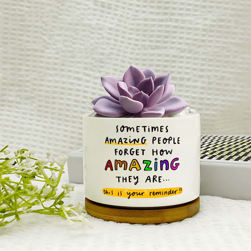 Motivations-Blumentopf Aus Keramik Mit Bambus-Tablett – Mit Spruch Für Pflanzenliebhaber, Home-Office Deko