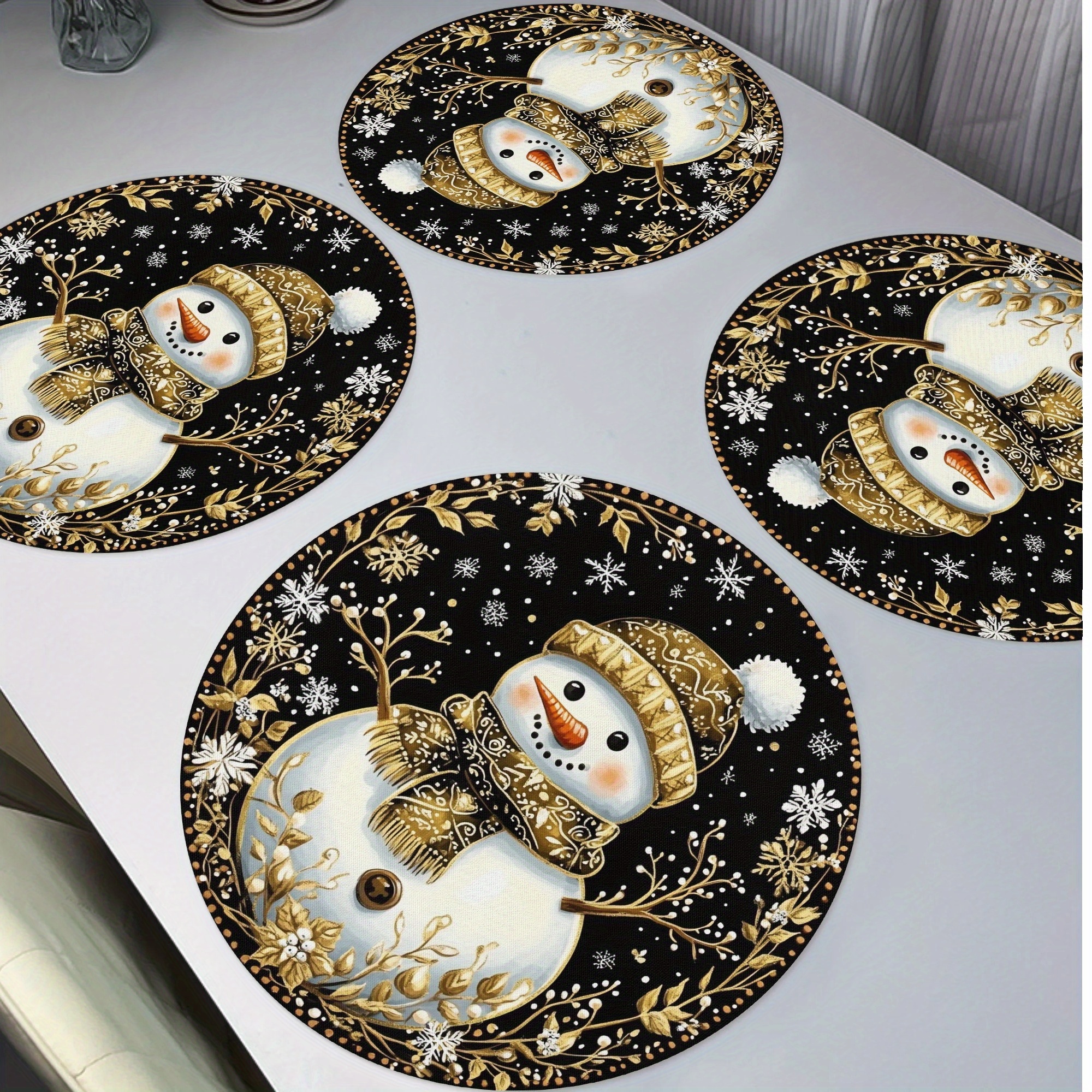 

4-pack Polyester Knit Fabric Placemats With Golden Snowman Design - Hand Washable, Non-slip, Heat Resistant, Christmas Table Mats For Dining And Party Decor 15" Round