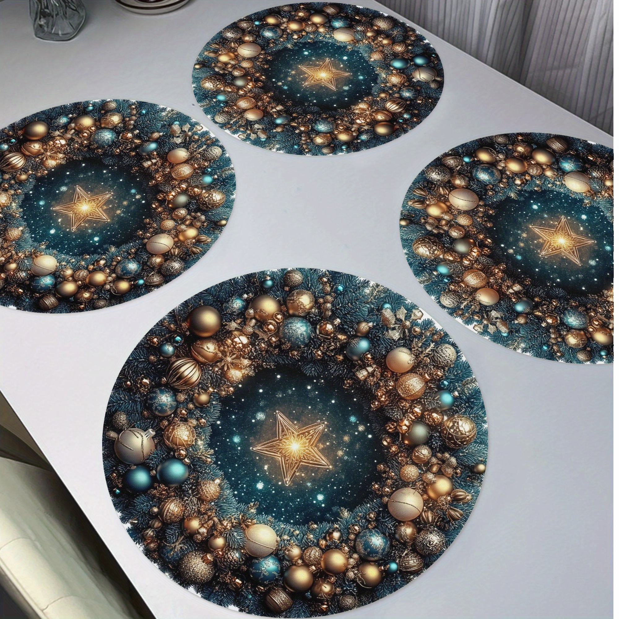 

4pcs Christmas Placemats, Xmas Lights Wreath Pattern Washable Table Place 15" For Kitchen Dining Decoration