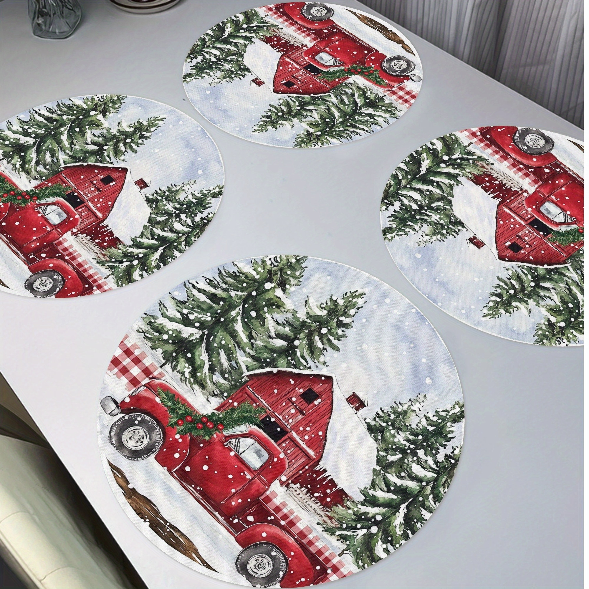 

4-pack Christmas & Pine Trees Round Placemats, Hand Washable Knit Fabric, Non-slip, Heat Resistant, Polyester Table Mats For Kitchen, Dining, Party Decor - 15