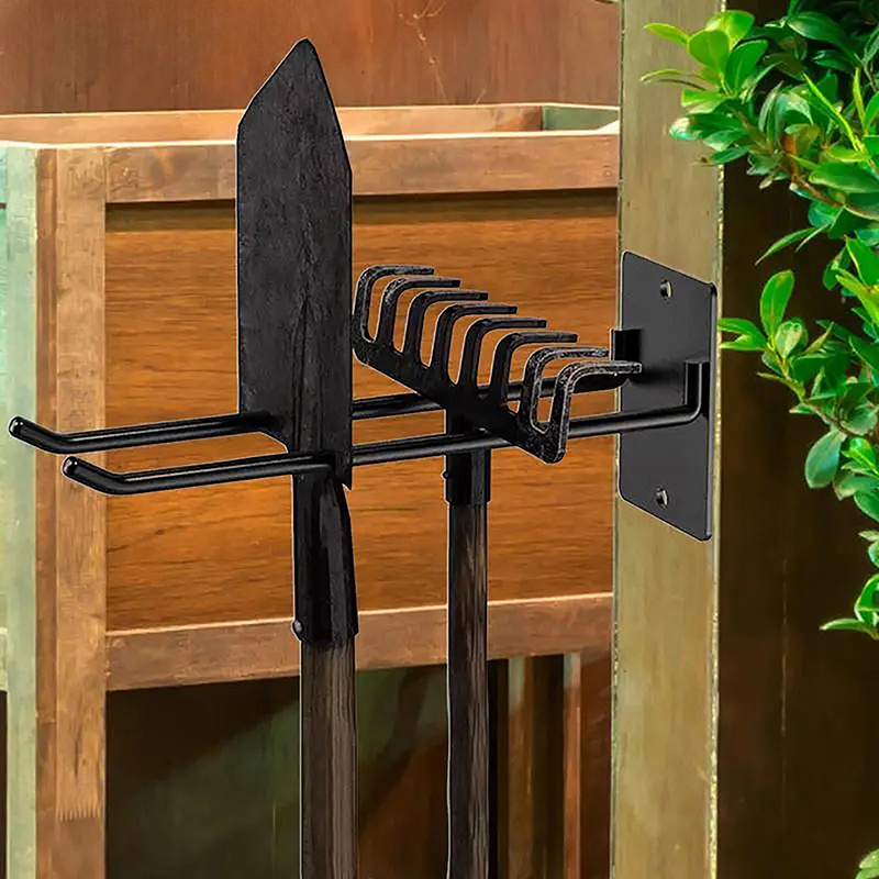 

Wall-mounted Iron Garden Tool Organizer - Shovel, Rake, Broom Holder With Multiple Hooks For & Display, Black , Space-saving Design, Wallmounted Organizer | Modern Tool Holder | Iron Construction